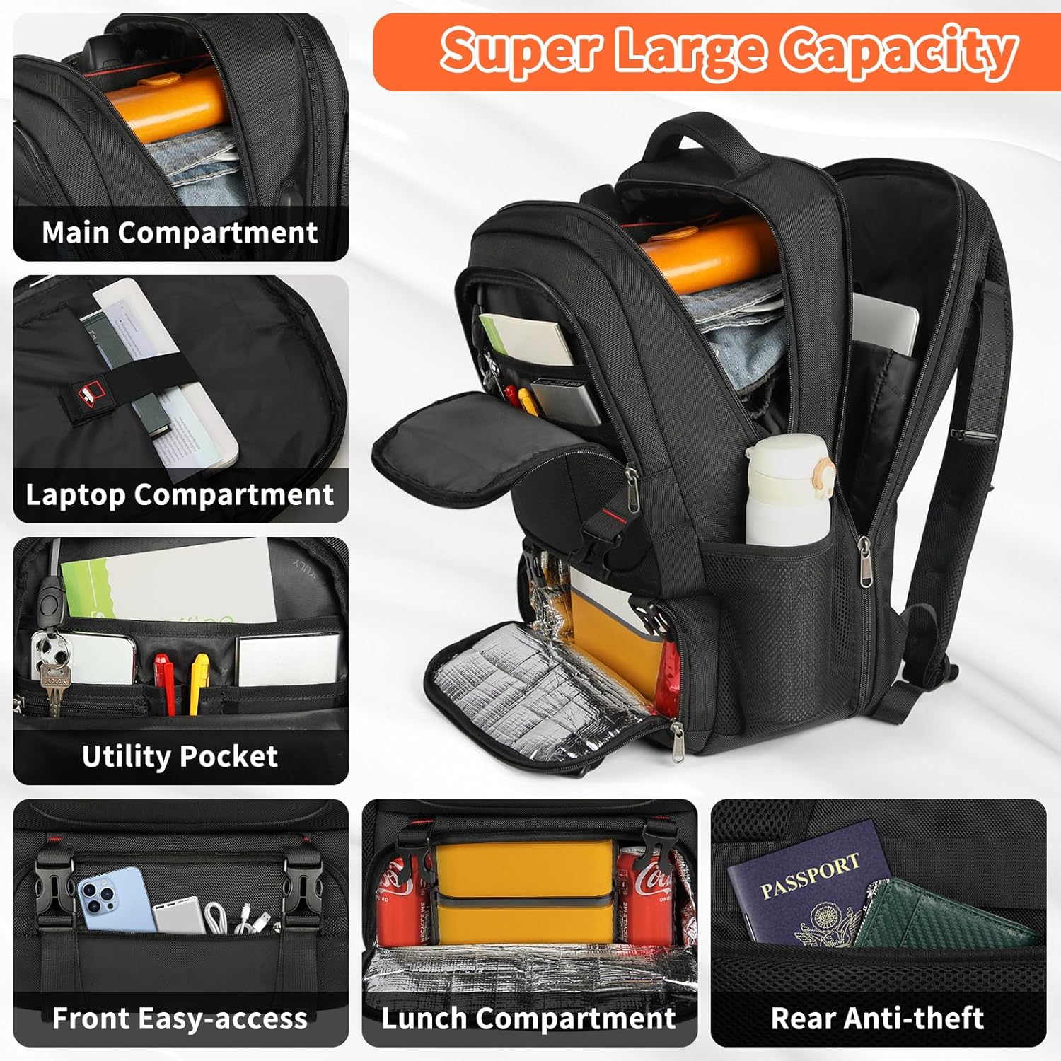 Extra stor lunch- och laptopreseryggsäck med USB-laddningsport