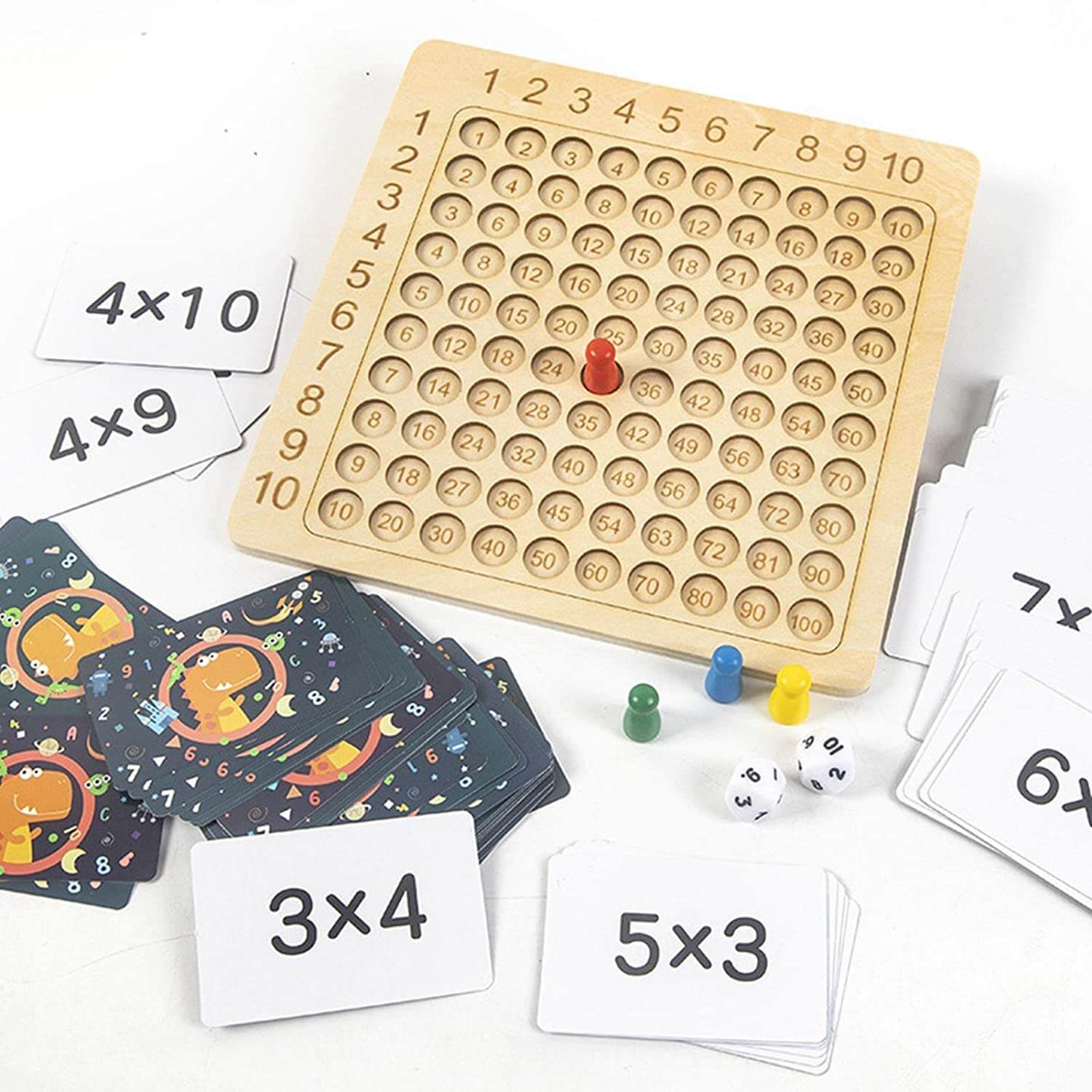 Lärande Spel Träbräda för Multiplikation 1–10 med Kort & Tärningar