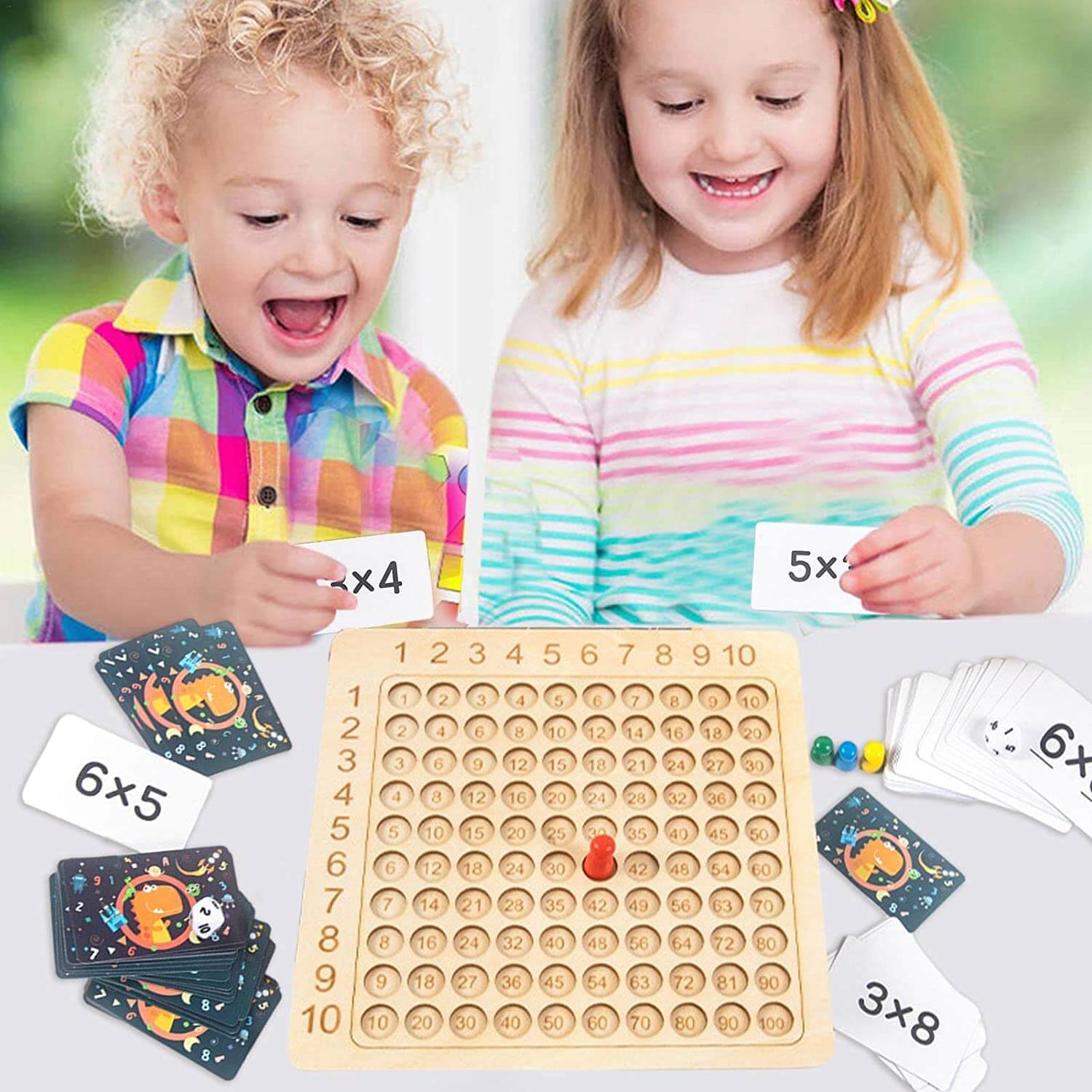 Lärande Spel Träbräda för Multiplikation 1–10 med Kort & Tärningar