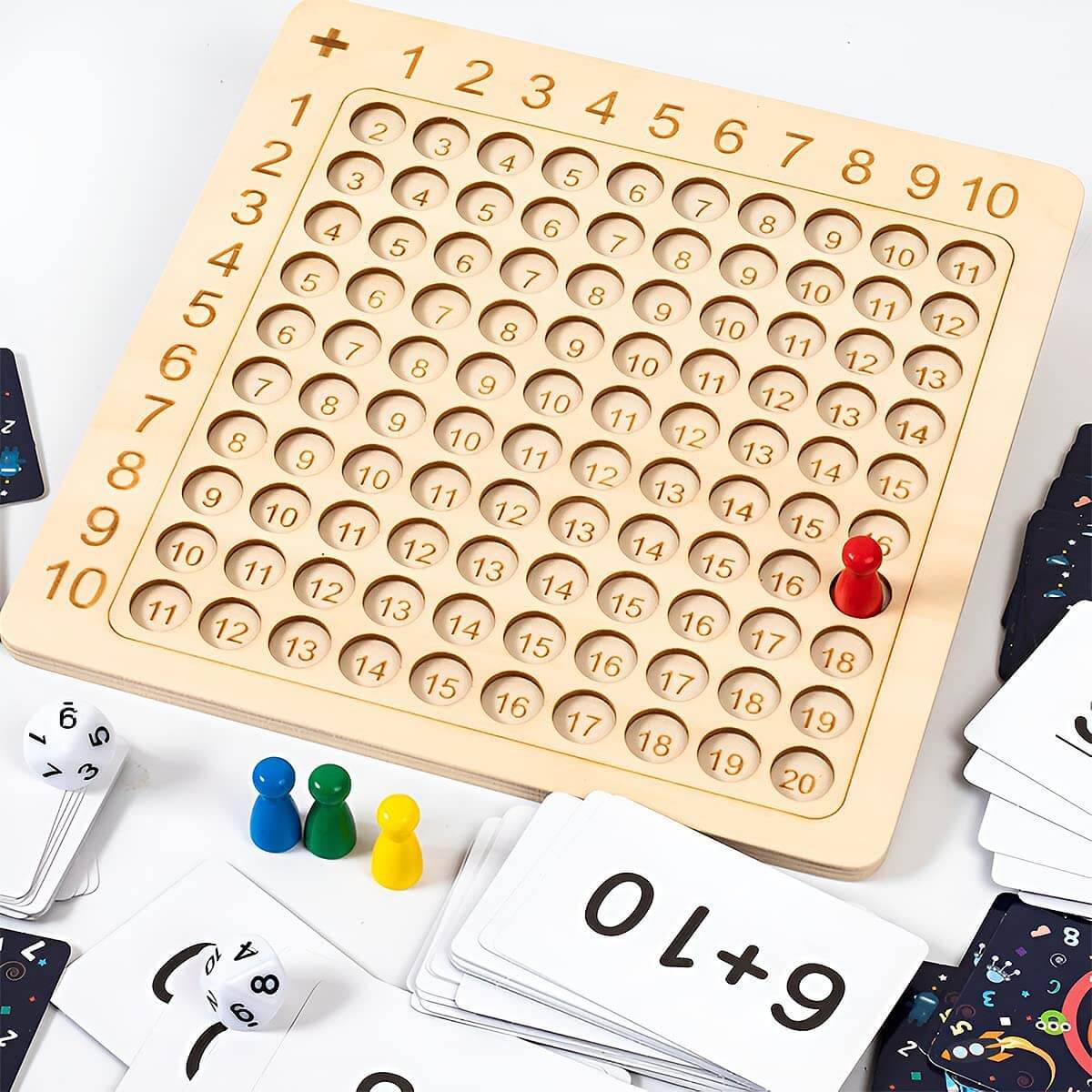 Lärande Spel Träbräda för Multiplikation 1–10 med Kort & Tärningar