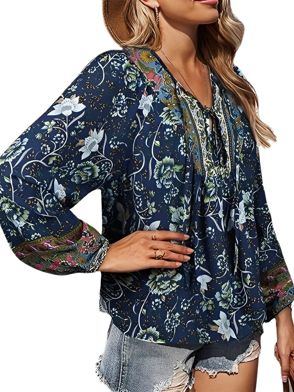 Vintage Boho Sommarblus med Blommönster och Långa Ärmar – Sana