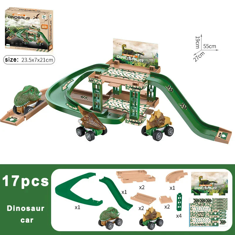 Parkeringsbana Byggset Barn - Polisfordon & Dinosaurier