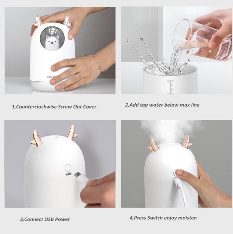 Ultraljudsfuktare med LED-nattljus för barnrum – AirBear Mini