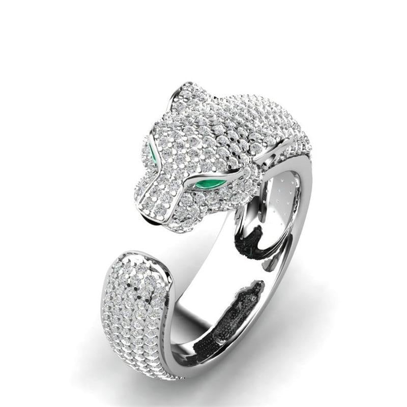 Justerbar Ring i 18K Silver och Roséguld med Gröna Zirkonia Ögon – Jaguar Ring