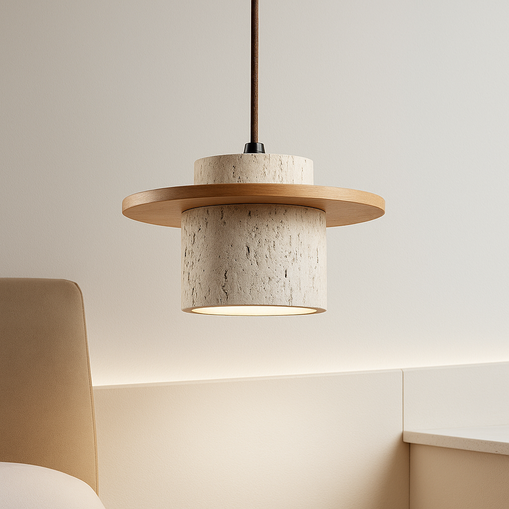 Taklampa – Travertin & Trä | Retro Stil | LED Lämplig