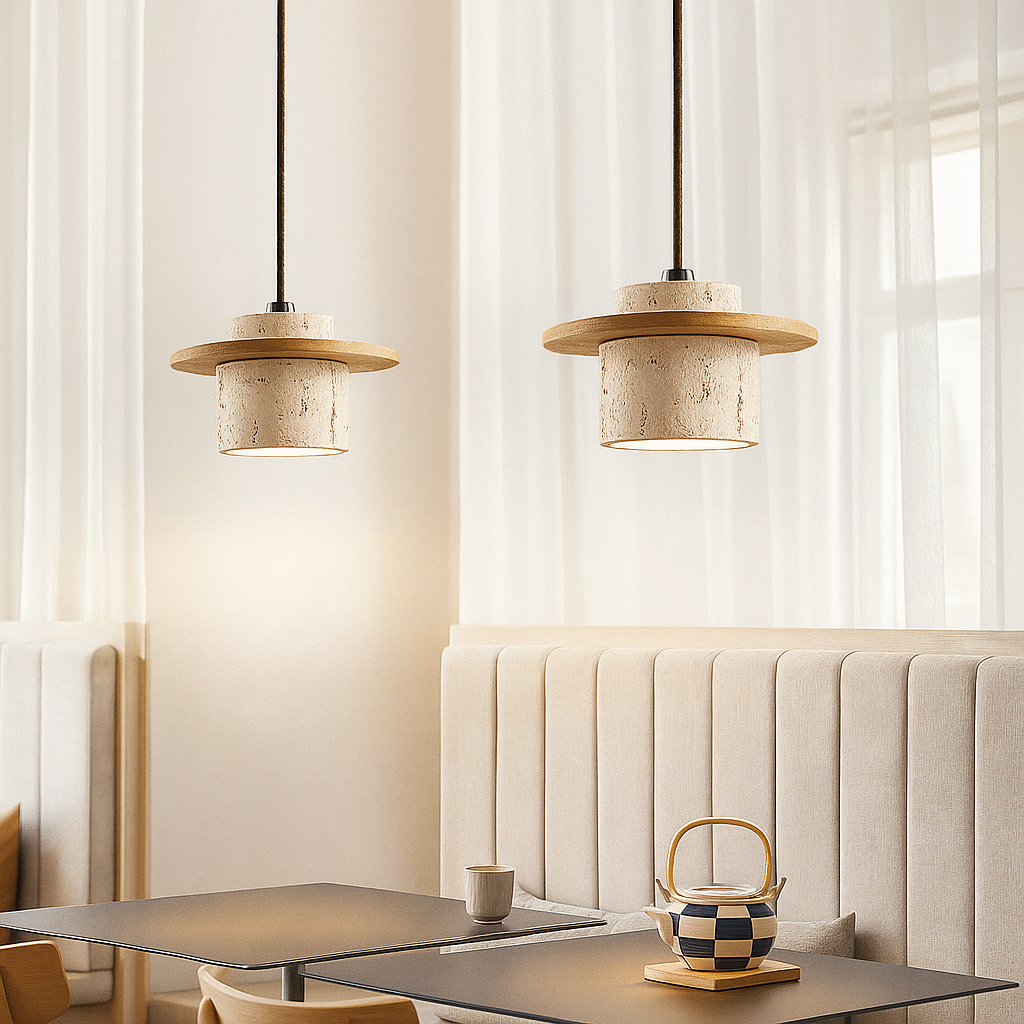 Taklampa – Travertin & Trä | Retro Stil | LED Lämplig