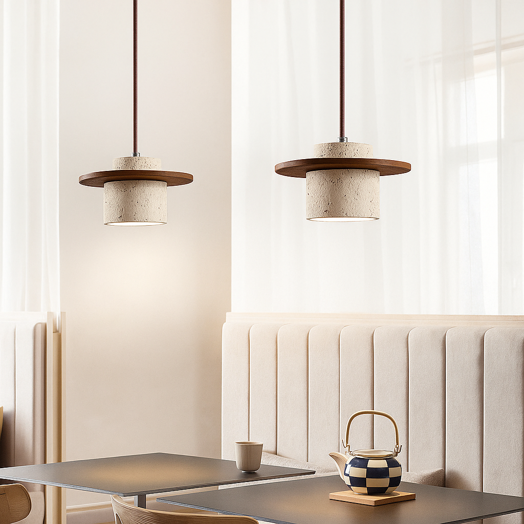 Taklampa – Travertin & Trä | Retro Stil | LED Lämplig