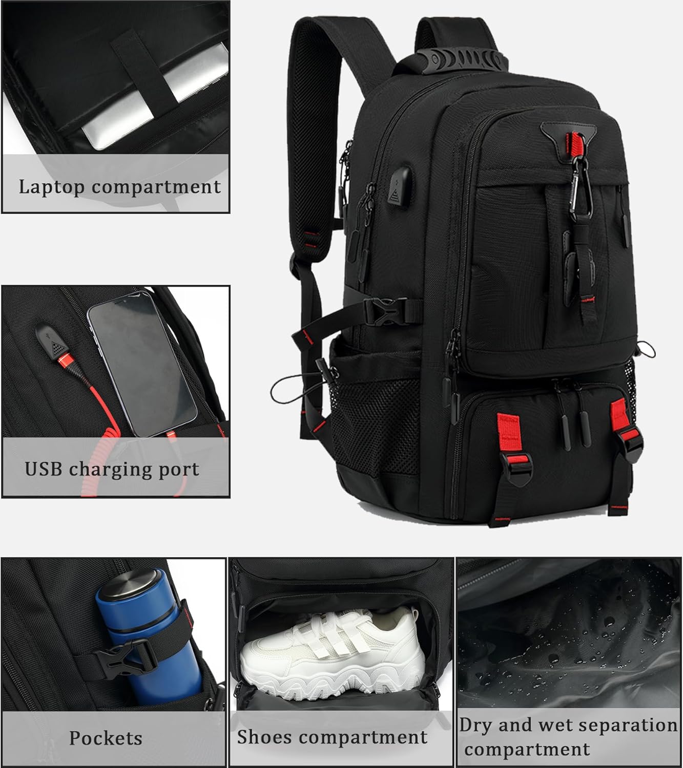 60L Vattentät Reserucksack med USB-port och Skofack