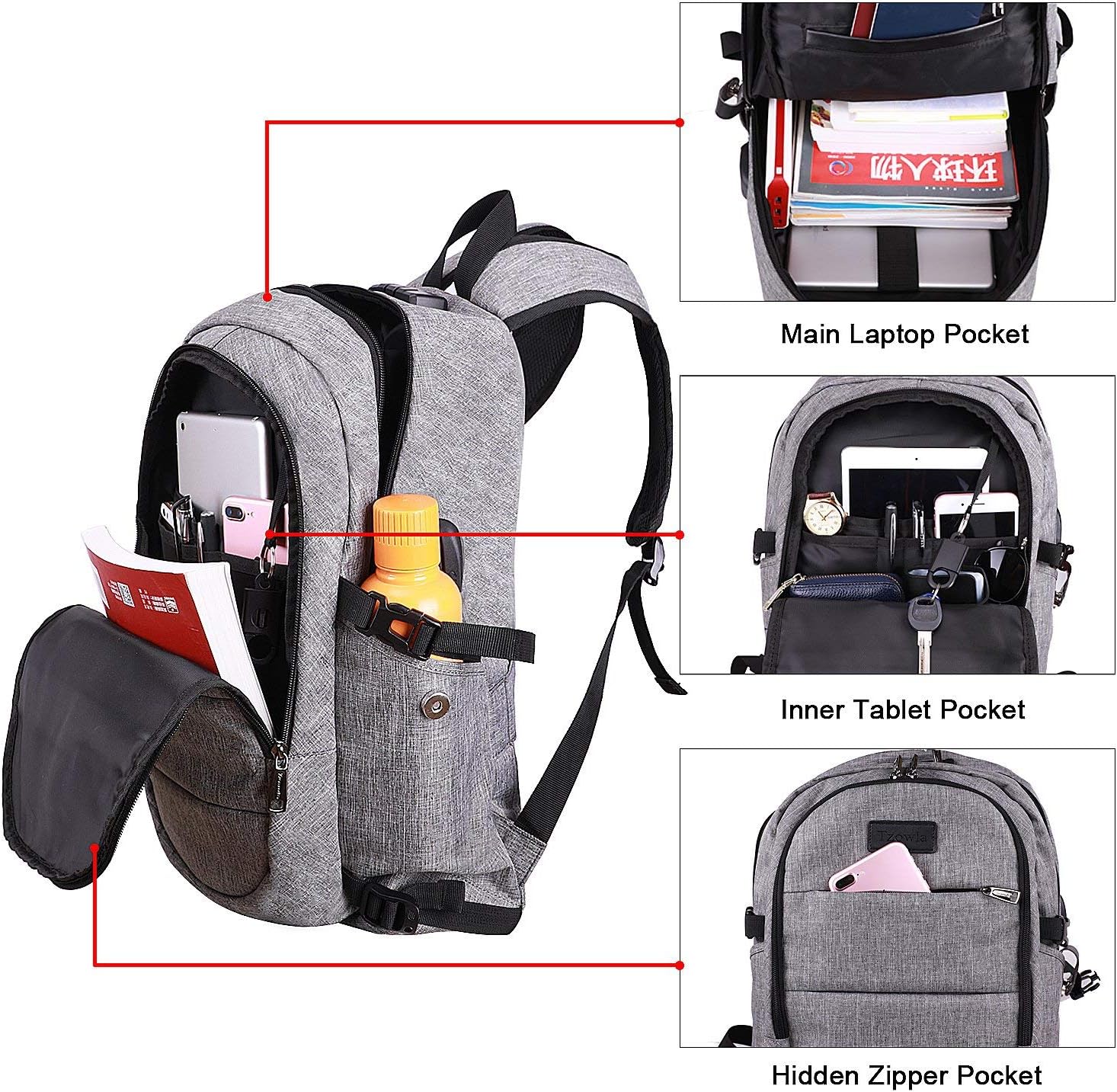 Extra stor anti-tjuv laptop- och rese-ryggsäck med USB-port – 30–50L