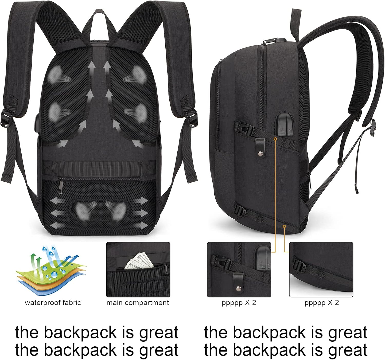 Extra stor anti-tjuv laptop- och rese-ryggsäck med USB-port – 30–50L
