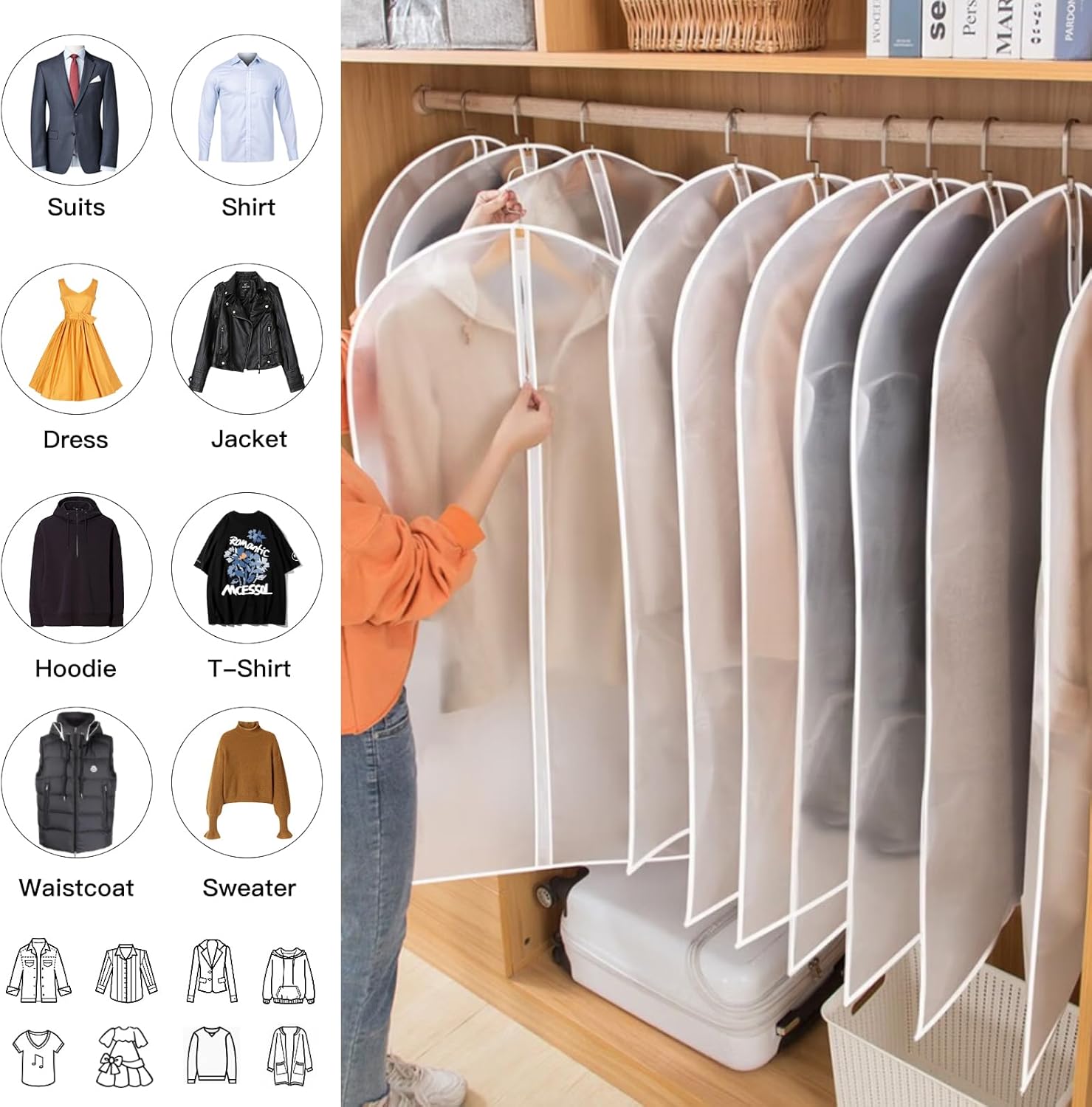 PEVA Klädpåse Set – 12-Pack Hängande Klädpåsar i 3 Storlekar (Köp 1, Få 1 GRÁTIS)