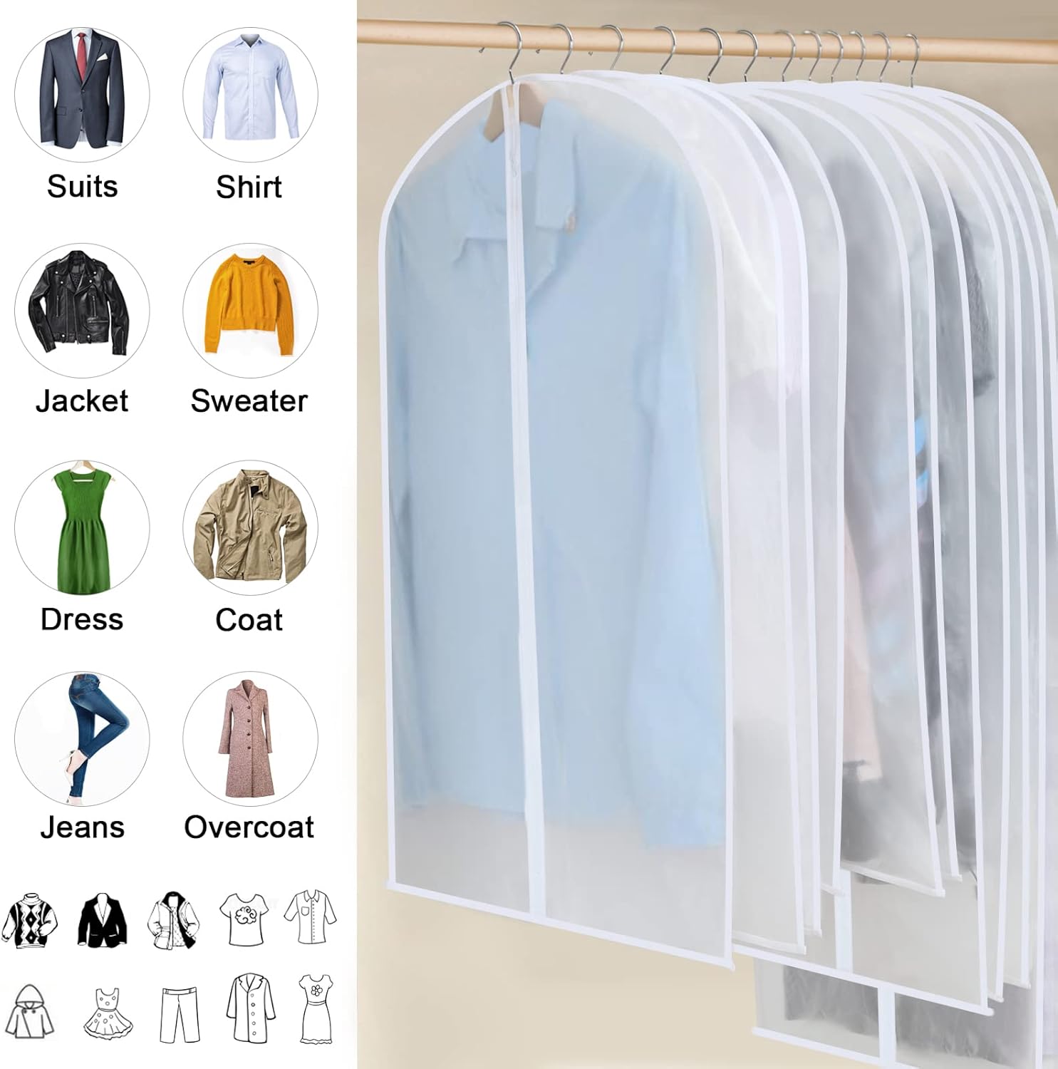 PEVA Klädpåse Set – 12-Pack Hängande Klädpåsar i 3 Storlekar (Köp 1, Få 1 GRÁTIS)