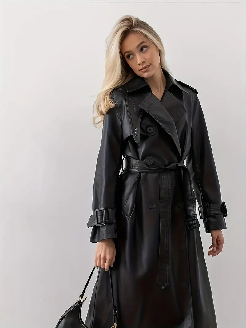Svart Läder Trenchcoat För Damer - Elegant & Varm