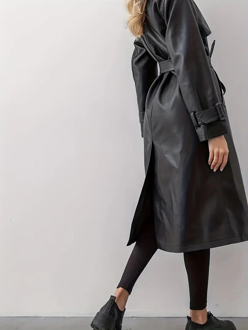 Svart Läder Trenchcoat För Damer - Elegant & Varm